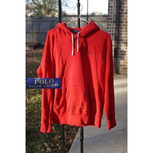 Polo Hoodie Pullover Red White Drawstrings